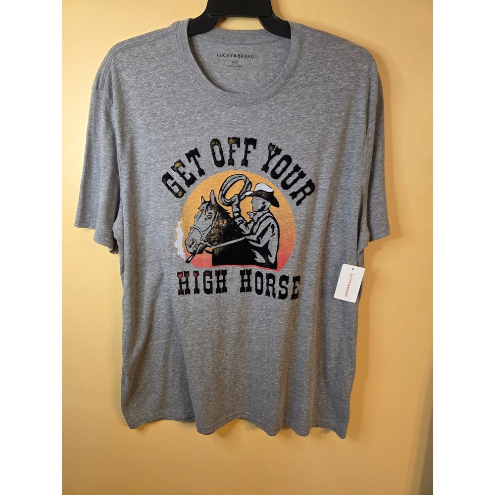 Lucky Brand Mens XXL High Horse Graphic T-Shirt Heather Gray Western Cowboy NWT